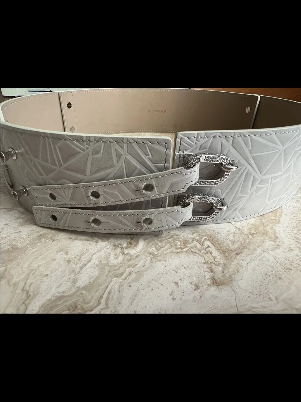 Swarovski Gray Leather Belt Chrystal Wide Rare Silver Buckle M / L vintage